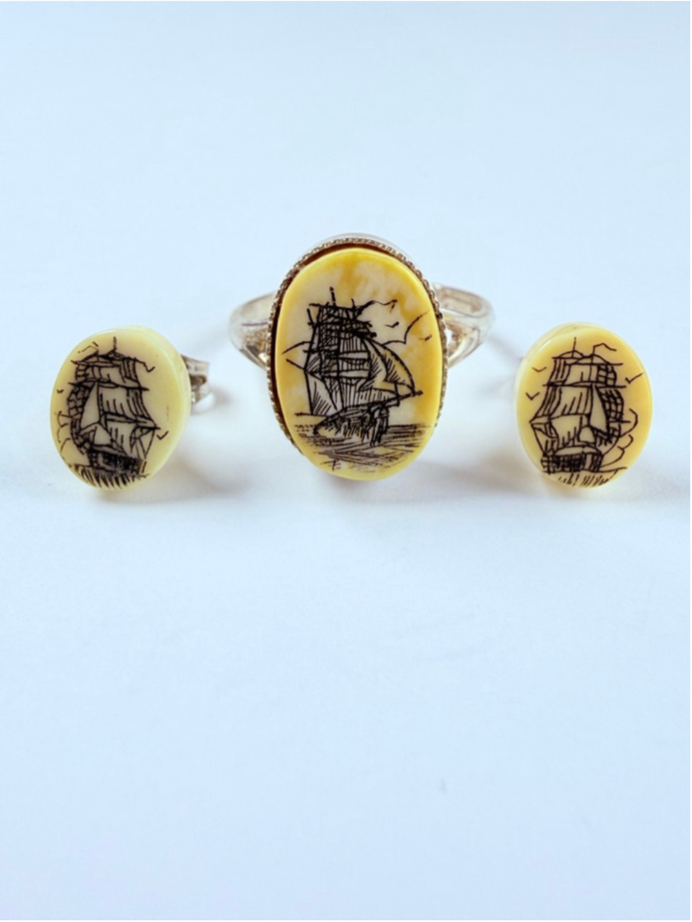 Scrimshaw Sailing Ship Boat Etched 925 Sterling Silver Vintage Ring Earrings Set
